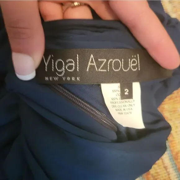 Yigal Azrouel Draped Leather Trim Cold Shoulder Designer Dress Blue 2 - Picture 12 of 13